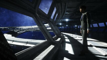Wall Mural - people in futuristic space corridor, room. view of the earth. cinematic 4k footage.