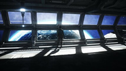 Wall Mural - people in futuristic space corridor, room. view of the earth. cinematic 4k footage.