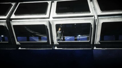 Wall Mural - people in futuristic space corridor, room. view of the earth. cinematic 4k footage.