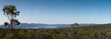 Panoramic View Of Moora Moora Reservoir Lake In The Grampians National Park With Native Trees And Mountain Ranges Along The Horizon, Regional Victoria High Country, Australia