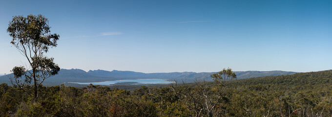 panoramic view of Moora Moora reservoir lake in the Grampians national park with native trees and mountain ranges along the horizon, regional Victoria high country, Australia