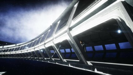 Wall Mural - people in futuristic space corridor, room. view of the earth. cinematic 4k footage.