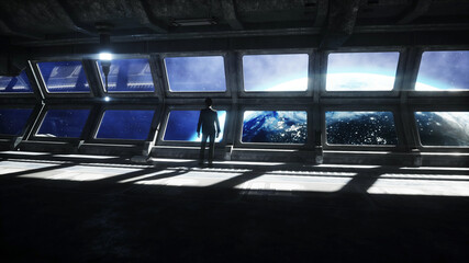 Wall Mural - people in futuristic space corridor, room. view of the earth. 3d rendering.