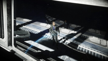 Wall Mural - people in futuristic space corridor, room. view of the earth. 3d rendering.