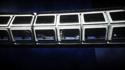 Wall Mural - people in futuristic space corridor, room. view of the earth. 3d rendering.