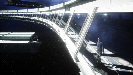 Wall Mural - people in futuristic space corridor, room. view of the earth. 3d rendering.