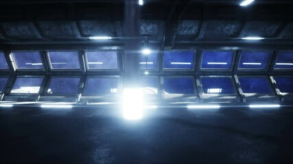 Wall Mural - futuristic space corridor, tunnel. flight view of the earth. cinematic 4k animation.