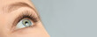 Closeup view of young woman with beautiful long eyelashes on grey background, space for text. Banner design