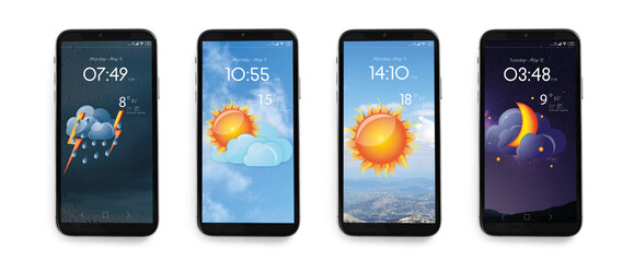 Wall Mural - set of smartphones with open weather forecast app on white background, top view. banner design