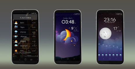 Wall Mural - set of smartphones with open weather forecast app on grey background. banner design