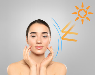 Wall Mural - Illustration of sun protection layer and beautiful young woman with healthy skin on grey background