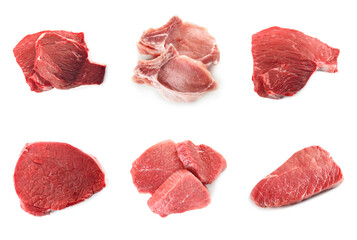 Set with raw meat on white background, top view