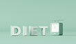 Diet concept to weight management and weighing scales. Trendy 3d render for social media banners, promotion. Pastel blue and white colors scene. 
