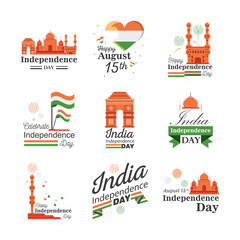 Wall Mural - Happy india independence day icon set detailed style icon vector design