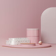 Minimal scene with podium and abstract background. White terrazzo podium on pink color wall scene, sphere with light and . Trendy 3d render for social media banners, promotion, cosmetic product show. 