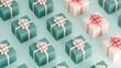 White gift boxes with pink ribbon, many green gift boxes on a isolated blue and pastel color background. Concept for minimal christmas, new year, valentines day, women and holidays. 3D render.
