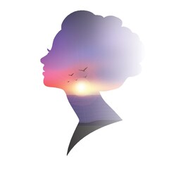 Wall Mural - Double exposure of woman and sunset