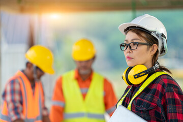 Poster - Team engineers and architect having working the inspection in construction site.