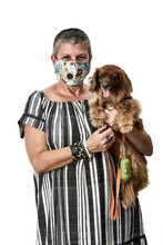 Middle Aged Woman With Her Dog Wearing A Striped Dress And A Mask On A White Background, Vertical