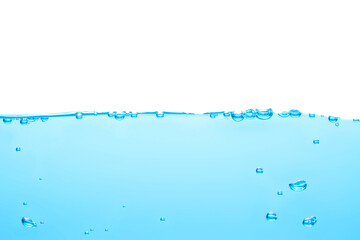 Bubbles float from the middle of the water rising to the water surface. Blue background