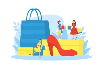 Sticker - Girls Purchasing of Goods and Gifts on Seasonal Sale, Tiny Women and Huge Shopping Paper Bags Vector Illustration