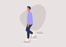 Young Male Character Walking Down The Stairs, Building Entrance, Daily Routine