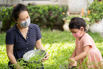 Wall Mural - Mother and daughter with protective face mask cutting home growing vegetables in garden during coronavirus quarantine.