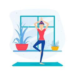 Sticker - Girl Doing Yoga, Young Woman Standing in Tree Pose During Morning Physical Workout Flat Vector Illustration