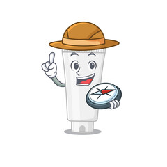 Sticker - Shower gel mascot design style of explorer using a compass during the journey