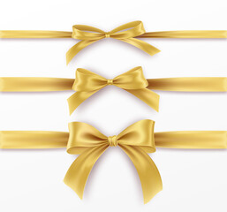 Set Golden Bow and Ribbon on white background. Realistic gold bow for decoration design Holiday frame, border. Vector illustration