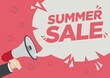 Summer Retail Sale promotion shoutout with a megaphone speech bubble against a red background.