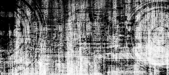 Wall Mural - Abstract grunge futuristic cyber technology panoramic background. Drawing on old grungy surface