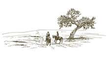 Cowboys Riding A Horse Near A Tree. Hand Drawn Illustration.