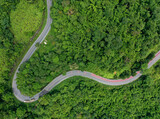 Fototapeta Uliczki - Road winding through forest from aerial drone 