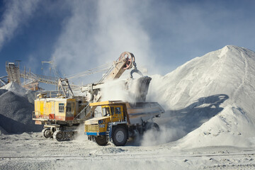 Wall Mural - Mining excavator and heavy mining truck during loading in a cloud of dust on the background of the equipment of the mining enterprise in sunny weather. Mining industry.