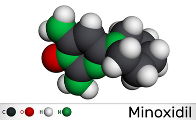 Sticker - Minoxidil molecule. It is an antihypertensive vasodilator medication, is used to treat hair loss. Molecular model. 3D rendering