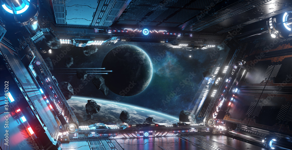 Blue and red futuristic spaceship interior with window view on planets ...