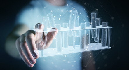 Aufkleber - Man holding and touching holographic tubes samples projection 3D rendering