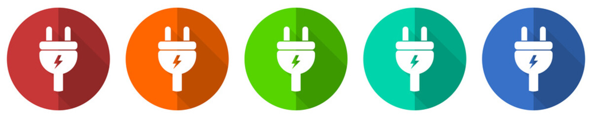 Aufkleber - Eletricity icon set, energy, power, plug, red, blue, green and orange flat design web buttons isolated on white background, vector illustration