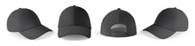 Cap Mockup Set. Isolated Realistic Black Baseball Cap Hat Templates. Front, Back And Angle View Of Adult Man Caps Mockup Collection. Vector Sport Uniform Headwear Clothing Fashion Mock Up