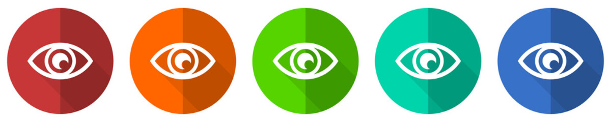 Leinwandbilder - Eye icon set, see, vision, sight and view, red, blue, green and orange flat design web buttons isolated on white background, vector illustration