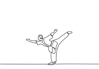 Man is doing Taekwondo training continuous single line drawing vector illustration. Pofessional senior male standing with one leg while arms stretched out to train body balance minimalist style