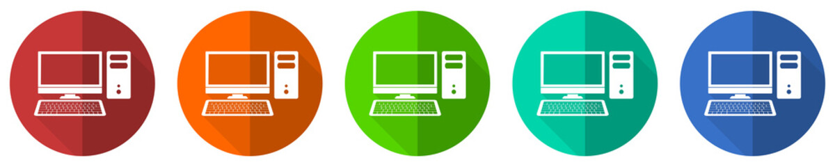 Poster - Computer, desktop icon set, red, blue, green and orange flat design web buttons isolated on white background, vector illustration