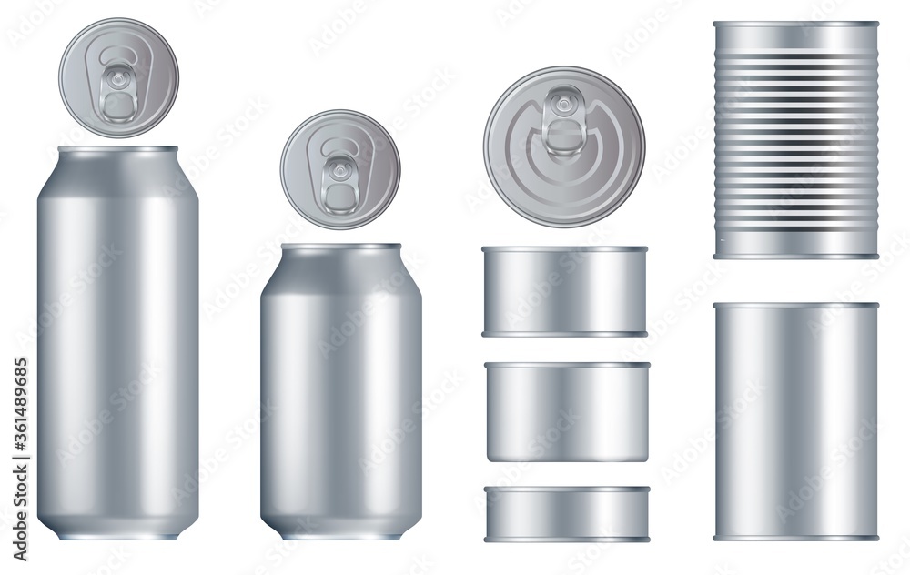 Can set. Steel tin can, metal lid set isolated on white background ...