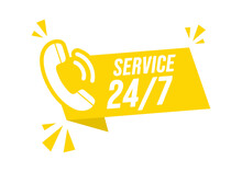 24/7 Service Label. Modern Yellow Web Banner With Telephone Icon. Vector Illustration.
