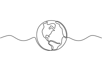 Poster - Earth globe one line drawing of world map vector illustration minimalist design of minimalism isolated on white background. Planet of Earth hand drawn illustration for logo, emblem and design poster