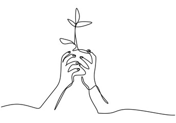 Wall Mural - Hand holding plant's pot. Continuous one line drawing of back to nature theme. Growing plant in hand palm. Concept of growing and love earth hand drawn vector design illustration.