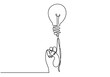 © ngupakarti - Continuous one line drawing of hand pointing a bulb lamp. Think big, point to idea concept minimal design isolated on white background. Vector illustration minimalism concept of idea and creativity