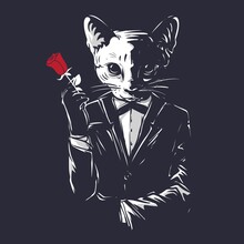 Mafia Cat Character Using Cool Suits And Hold On A Rose Flower