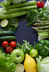 Wall Mural - healthy fruits and vegetables on chalkboard